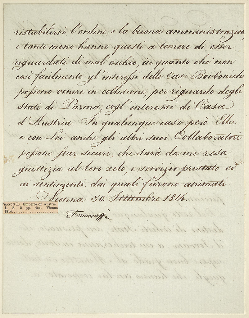 FRANZ I; EMPEROR OF AUSTRIA. Letter Signed, Frances, as Emperor, to Count Magawly-Cerati, in Italian,